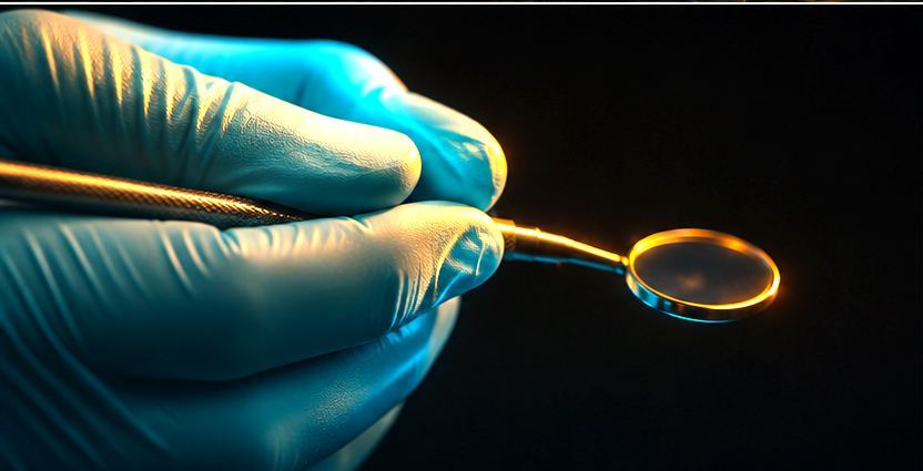Manos de odontólogo con guantes sosteniendo un espejo dental